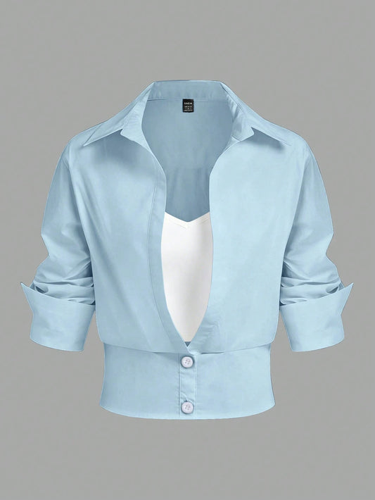 Selianne Women's Casual Commuter Color Block 2 In 1 Long Sleeve Shirt