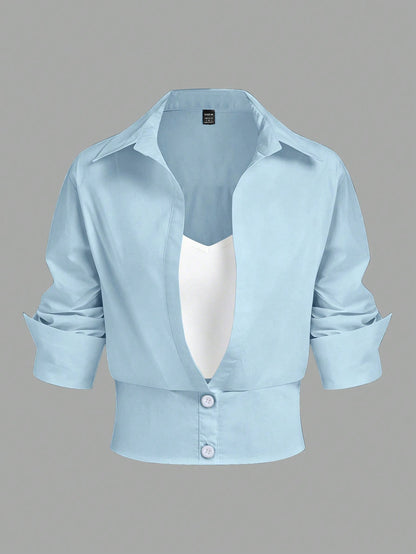 Selianne Women's Casual Commuter Color Block 2 In 1 Long Sleeve Shirt