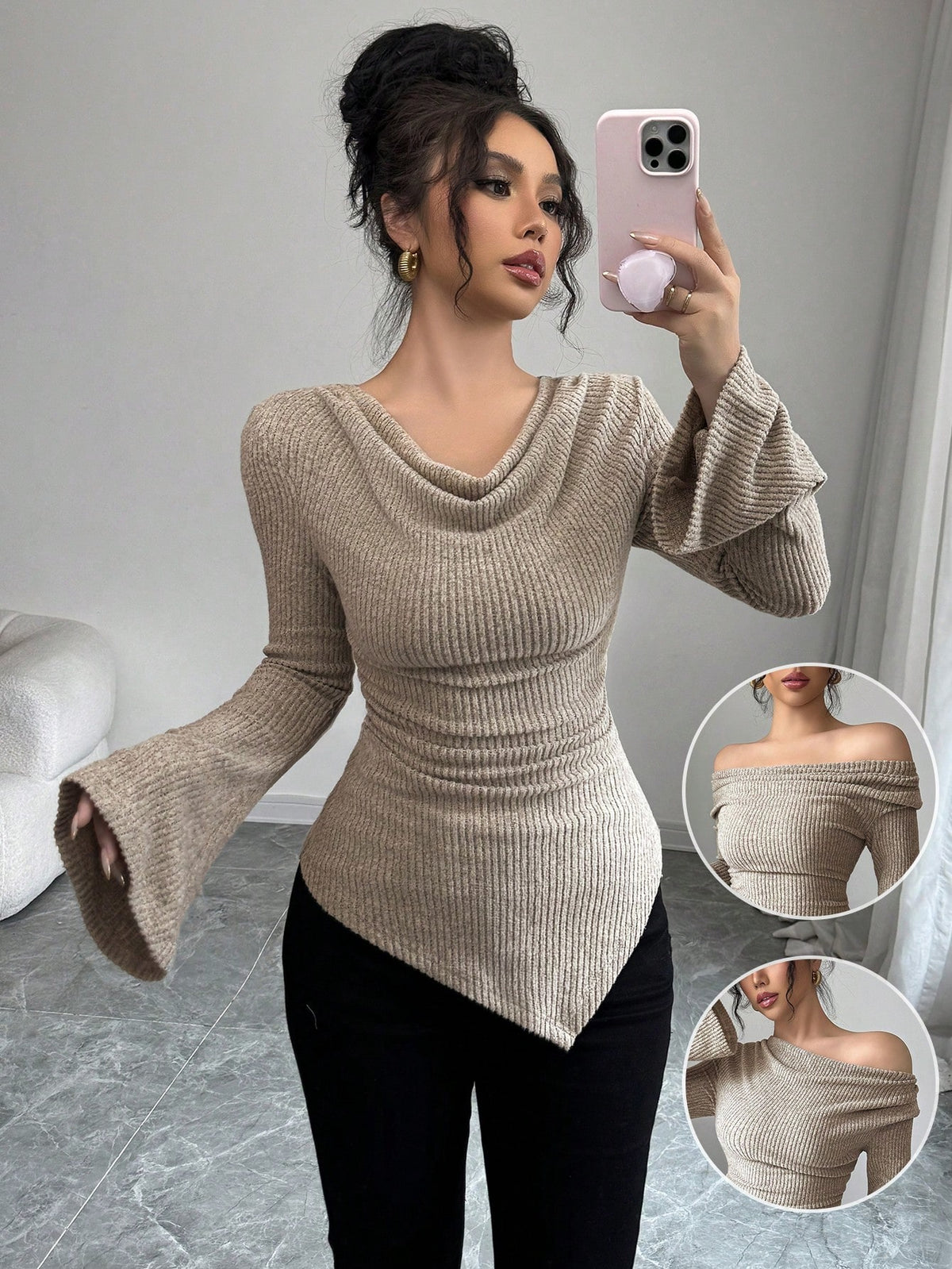 Selianne Women's Mechanic Fabric Cowl Neck Asymmetrical Neck Flared Long Sleeve Asymmetrical Hem Stretch Fitted T-Shirt Fall Cloth For Women