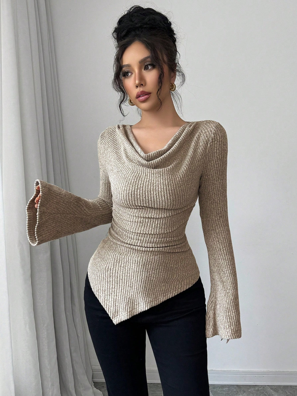 Selianne Women's Mechanic Fabric Cowl Neck Asymmetrical Neck Flared Long Sleeve Asymmetrical Hem Stretch Fitted T-Shirt Fall Cloth For Women