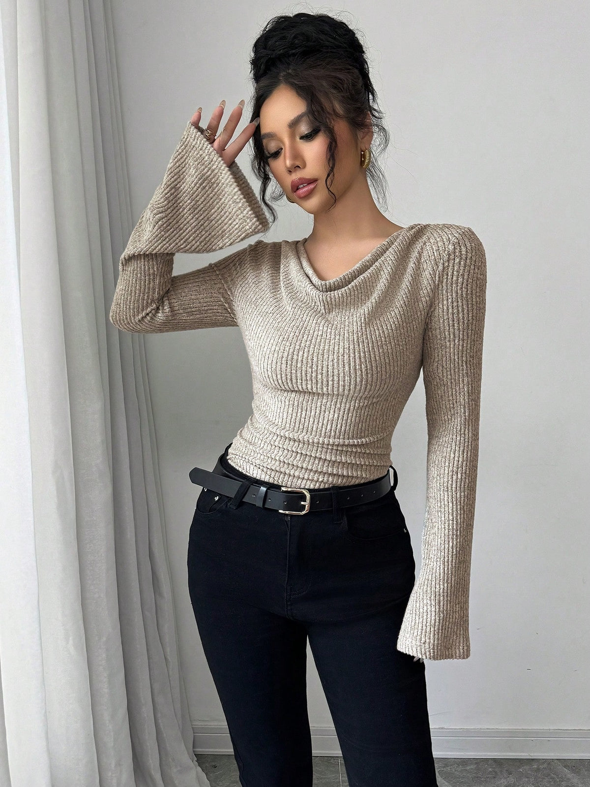 Selianne Women's Mechanic Fabric Cowl Neck Asymmetrical Neck Flared Long Sleeve Asymmetrical Hem Stretch Fitted T-Shirt Fall Cloth For Women