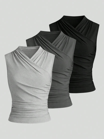 Selianne Women's V-Neck Solid Color Sleeveless Casual 3-Color Set Tank Top
