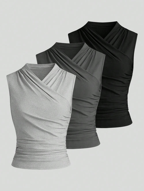 Selianne Women's V-Neck Solid Color Sleeveless Casual 3-Color Set Tank Top