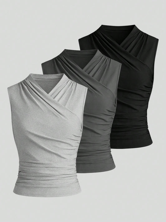 Selianne Women's V-Neck Solid Color Sleeveless Casual 3-Color Set Tank Top