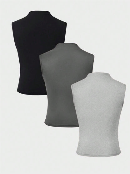 Selianne Women's V-Neck Solid Color Sleeveless Casual 3-Color Set Tank Top