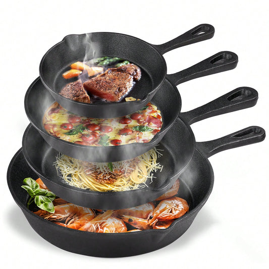 Senmeo 4-Piece Cast Iron Skillet Set- Pre-Seasoned Chef Grade (10"/8"/6"/5"), Heavy-Duty Restaurant Quality, Oven-Suitable For Searing, Baking, Frying & Camping