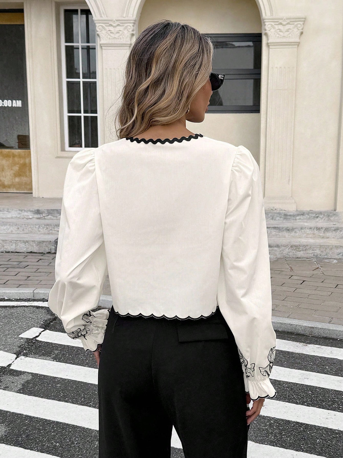 Serisse Women's Off-White Elegant Floral Embroidered Lace-Up Blouse,Spring And Summer Vacation Colorblock Woven Strap Top For Date,Business Casual,Teacher