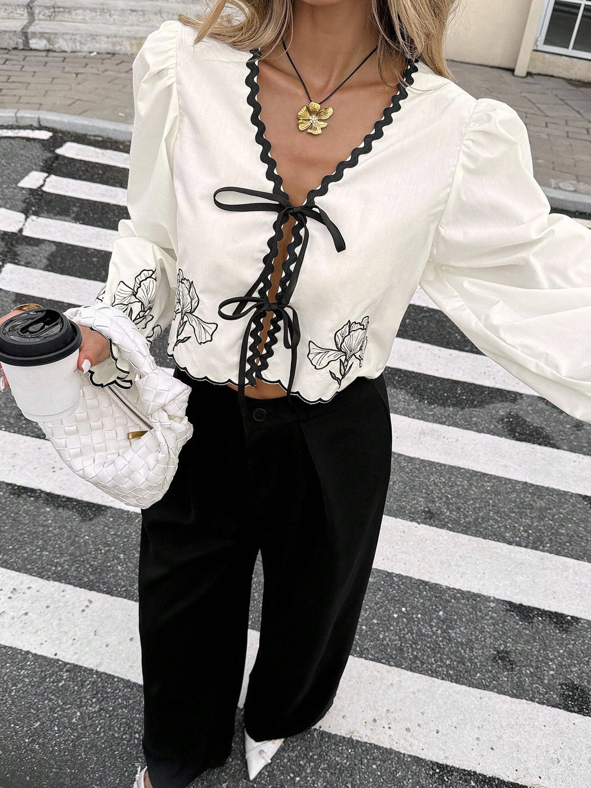 Serisse Women's Off-White Elegant Floral Embroidered Lace-Up Blouse,Spring And Summer Vacation Colorblock Woven Strap Top For Date,Business Casual,Teacher