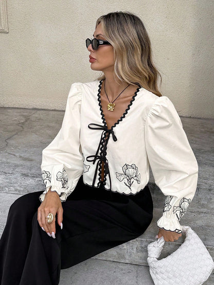 Serisse Women's Off-White Elegant Floral Embroidered Lace-Up Blouse,Spring And Summer Vacation Colorblock Woven Strap Top For Date,Business Casual,Teacher
