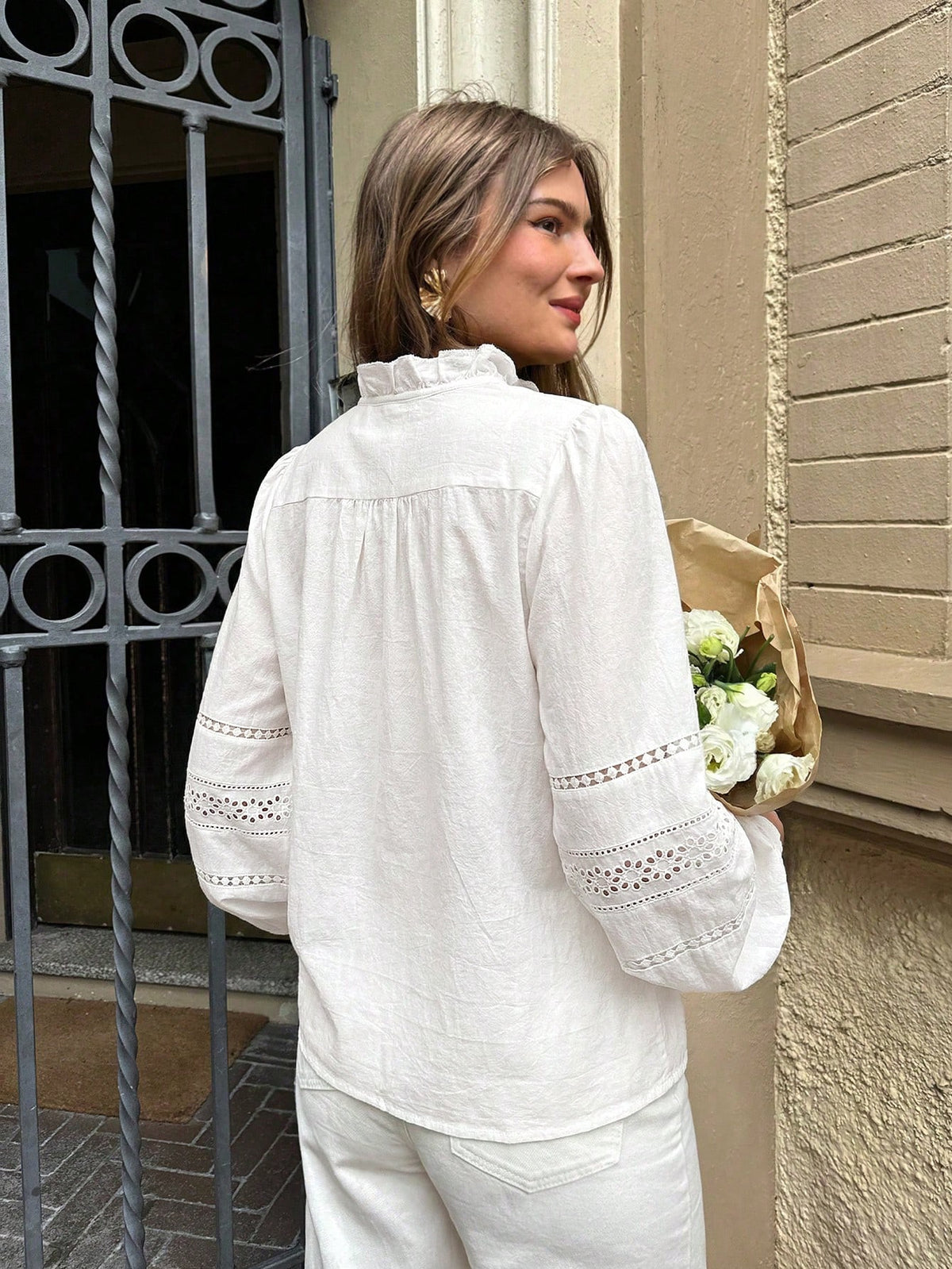 Serisse Women's Solid Color Stand Collar Front Button Hollow Embroidery Long Sleeve Blouse Elegant