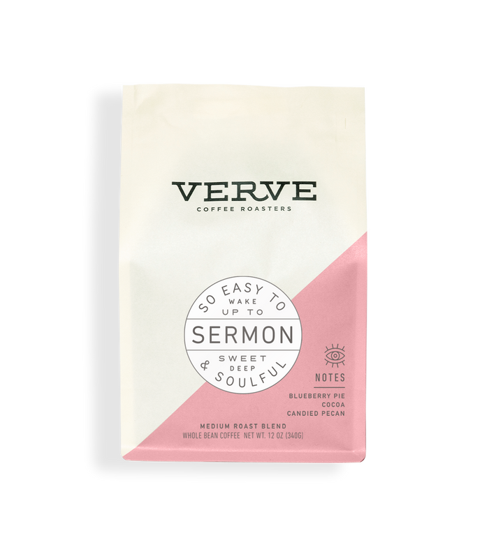 Sermon Espresso coffee bag with cream body and pink diagonal panel Verve branding.
