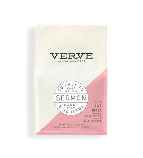 Sermon Espresso coffee bag with cream body and pink diagonal panel Verve branding.
