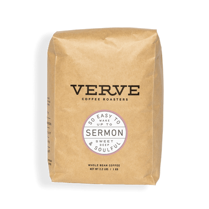 Brown kraft Sermon coffee bag from Verve with circular badge