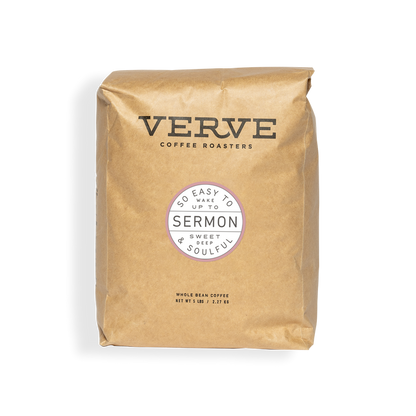 Sermon Espresso whole bean coffee bag in kraft packaging with Verve logo and Sermon label.