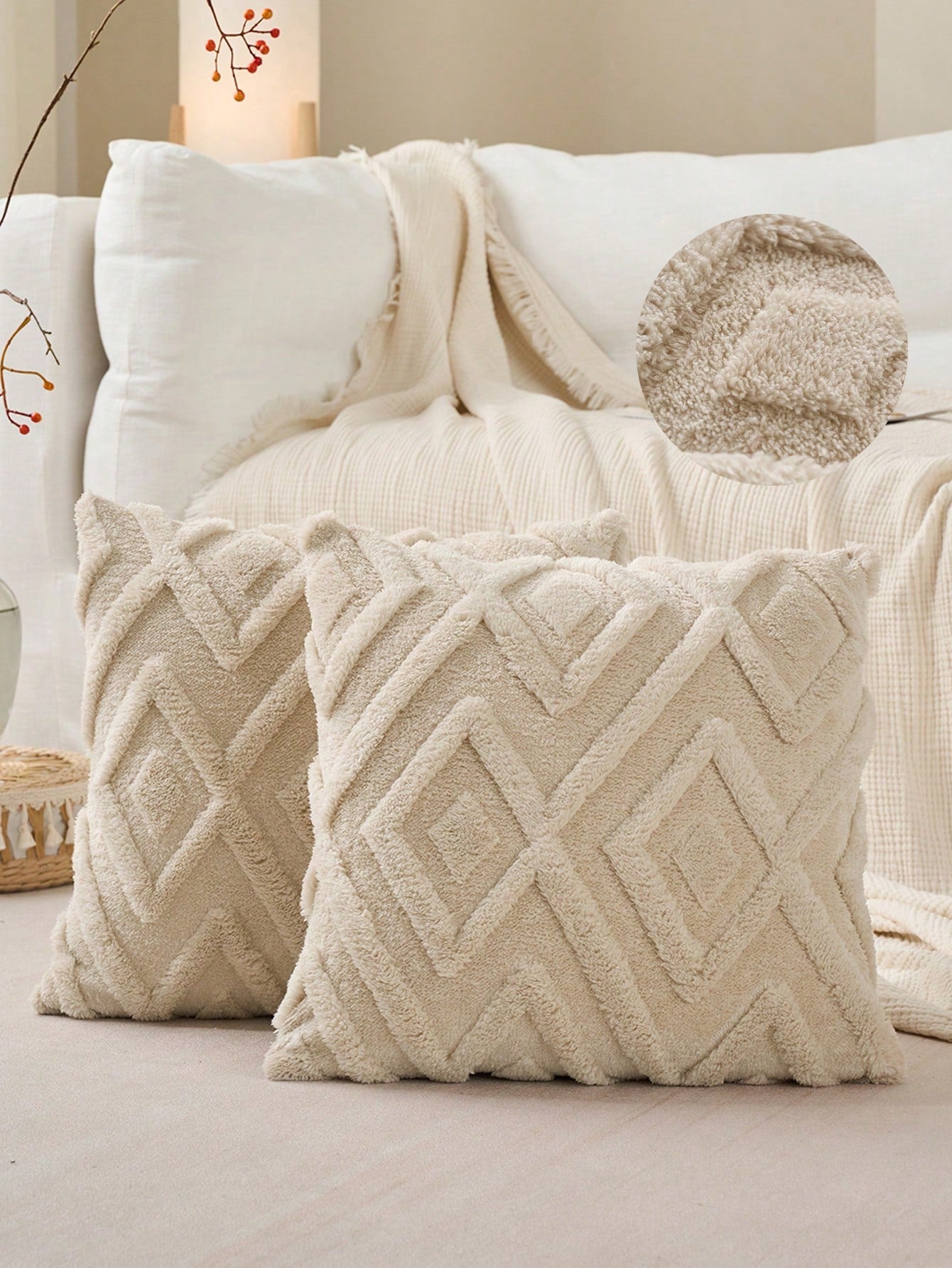 Set Of 2 Faux Fur Cream White Throw Pillow Covers 18x18,Soft Checkborad Pattern Decorative Boho Pillow Cover Case Cushion Cover For Sofa Couch Bed Livingroom Farmhouse,Modern Accent,Fall Decor,Autumn