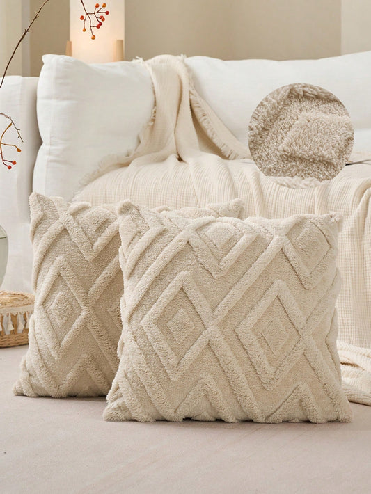 Set Of 2 Faux Fur Cream White Throw Pillow Covers 18x18,Soft Checkborad Pattern Decorative Boho Pillow Cover Case Cushion Cover For Sofa Couch Bed Livingroom Farmhouse,Modern Accent,Fall Decor,Autumn