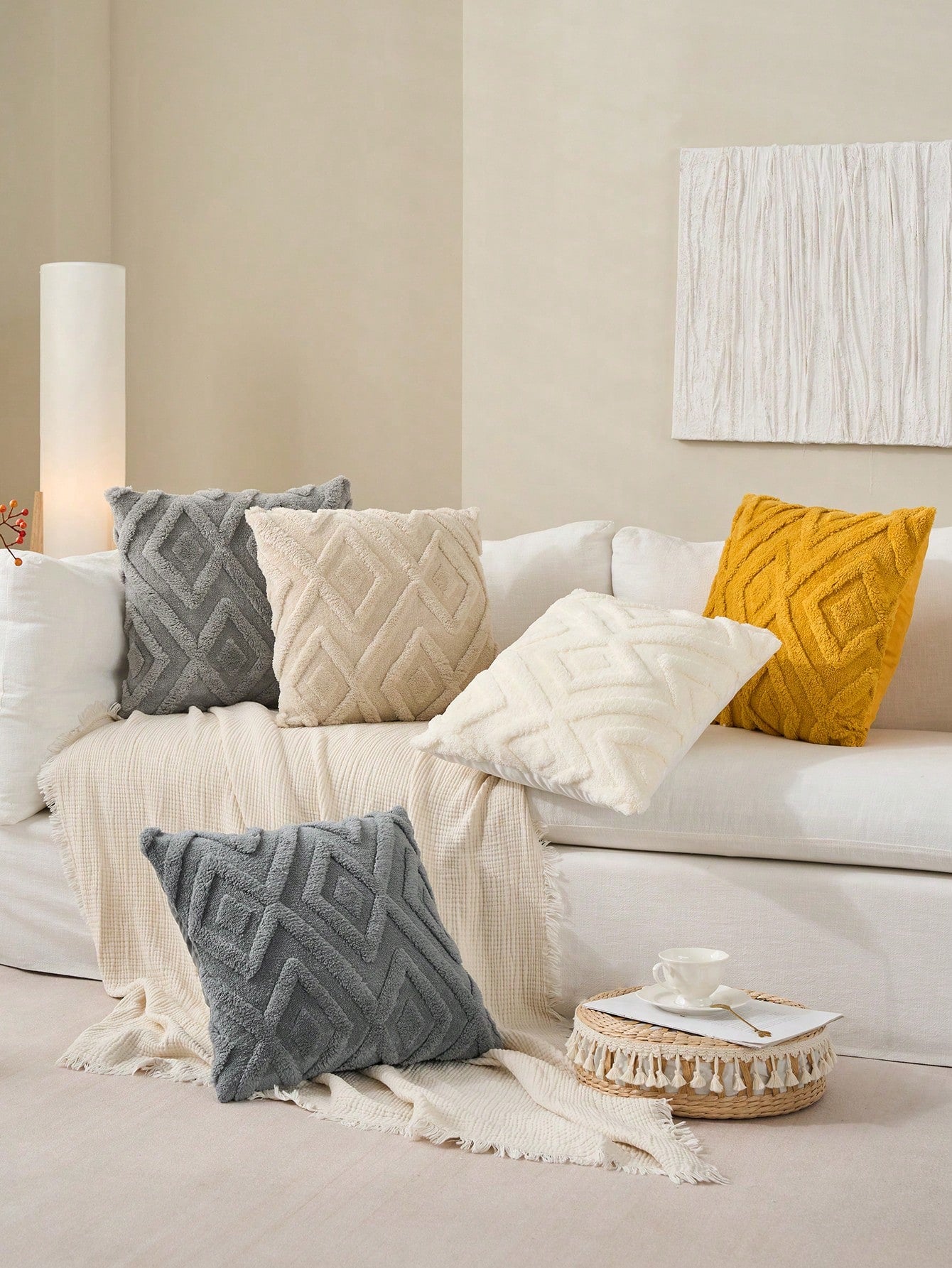 Set Of 2 Faux Fur Cream White Throw Pillow Covers 18x18,Soft Checkborad Pattern Decorative Boho Pillow Cover Case Cushion Cover For Sofa Couch Bed Livingroom Farmhouse,Modern Accent,Fall Decor,Autumn