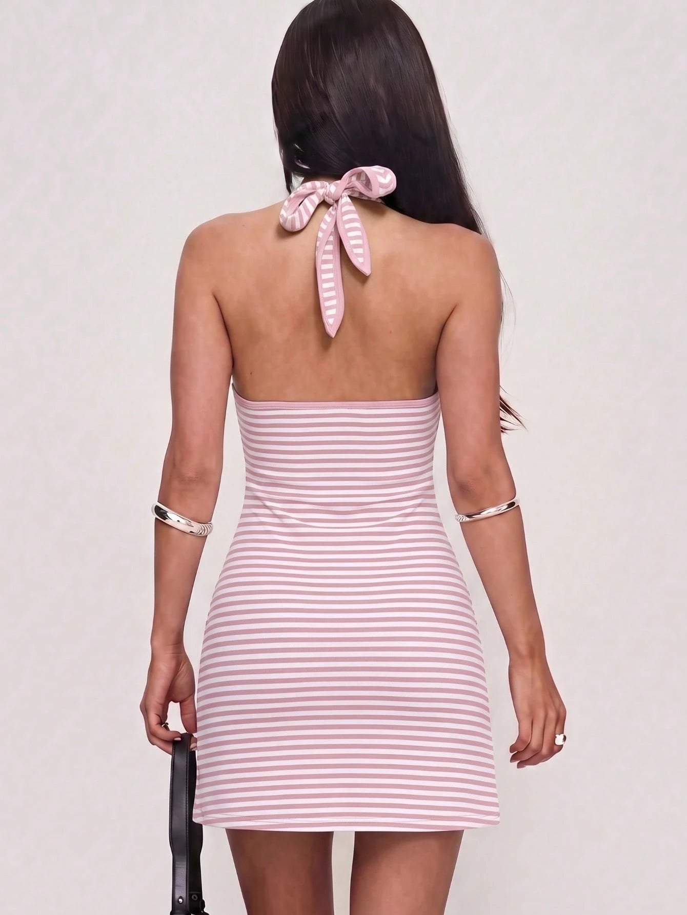 Sexy Deep V-Neck Halter Tie Back Striped Fitted Mini Dress For Women, Spring/Summer New Style Pink Elegant
