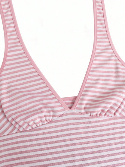 Sexy Deep V-Neck Halter Tie Back Striped Fitted Mini Dress For Women, Spring/Summer New Style Pink Elegant