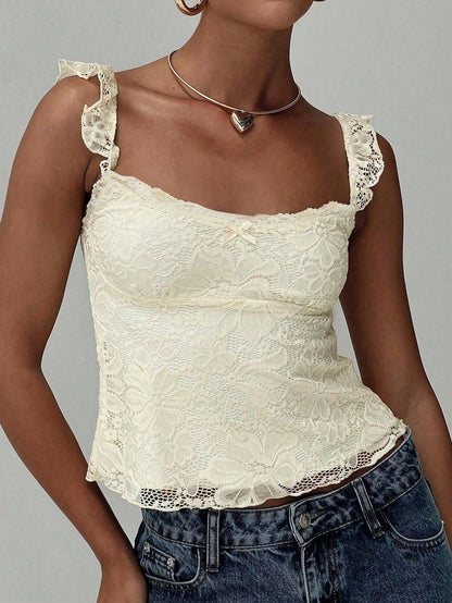Sexy Girl Lace Design Ruffle Strap Bow Decor Lace Patchwork Sleeveless Tank Top, Spring/Summer New Arrival Casual Yellow