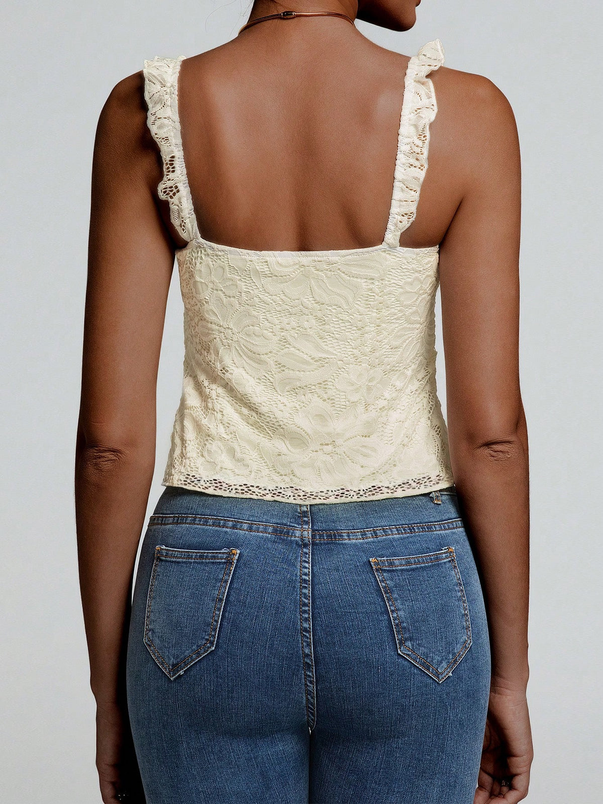 Sexy Girl Lace Design Ruffle Strap Bow Decor Lace Patchwork Sleeveless Tank Top, Spring/Summer New Arrival Casual Yellow