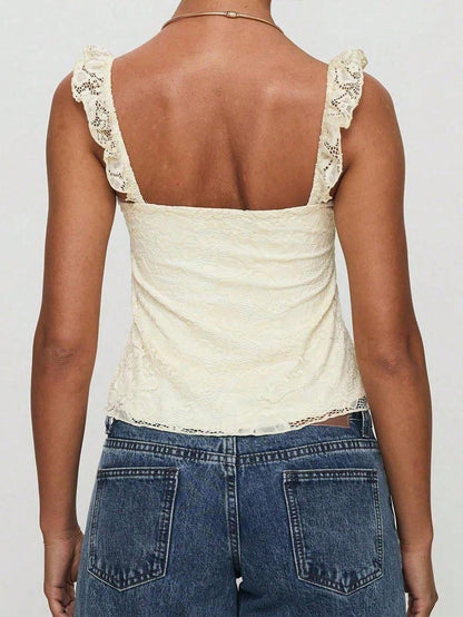 Sexy Girl Lace Design Ruffle Strap Bow Decor Lace Patchwork Sleeveless Tank Top, Spring/Summer New Arrival Casual Yellow