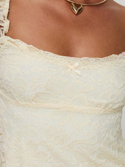Sexy Girl Lace Design Ruffle Strap Bow Decor Lace Patchwork Sleeveless Tank Top, Spring/Summer New Arrival Casual Yellow