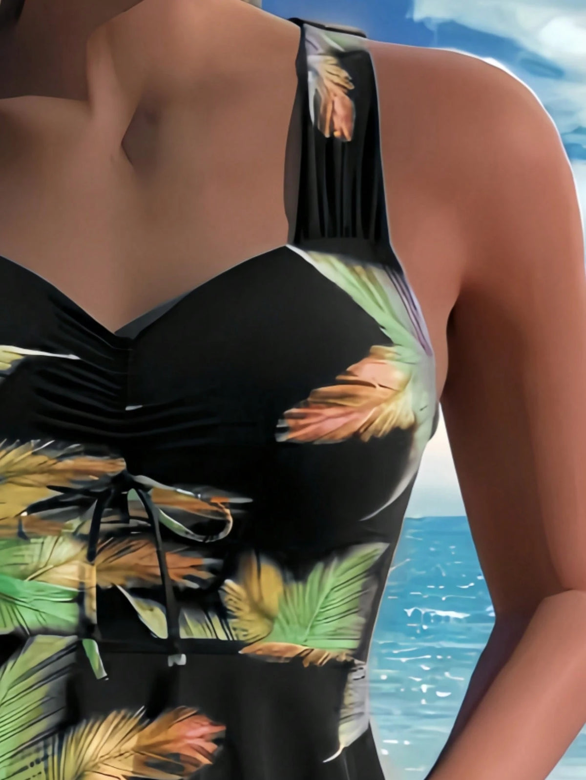 Sexy Women's Criss-Cross Backless Spaghetti Strap Swimsuit, Casual Heart-Shaped Neckline Tropical Print Design, Paired With Shorts, Suitable For Summer Beach Wear
