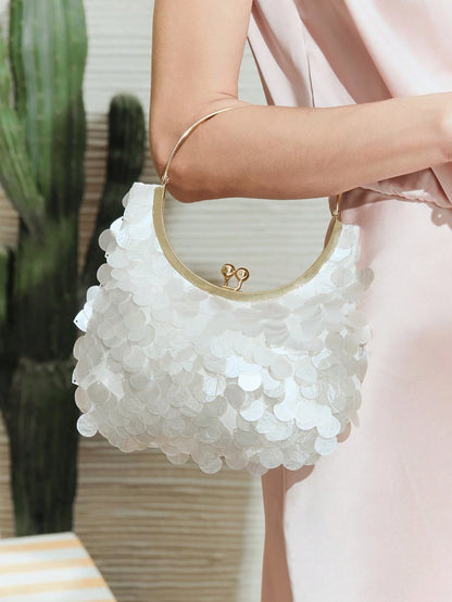 SHECARRY Ladies, Women Top Handle Bags, Round Imitation Seashell Sequins, Fashionable, Elegant, Simple, Personalized, Versatile, Metal Handles, For Beach, Vacation, Holiday, Summer, Cocktail Party, Pa