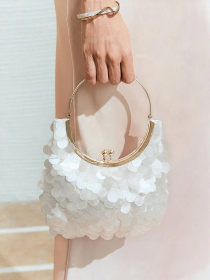 SHECARRY Ladies, Women Top Handle Bags, Round Imitation Seashell Sequins, Fashionable, Elegant, Simple, Personalized, Versatile, Metal Handles, For Beach, Vacation, Holiday, Summer, Cocktail Party, Pa