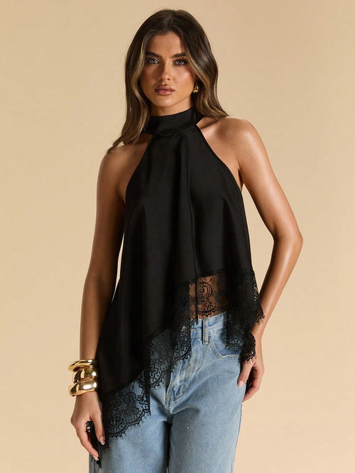 SHEIN BAE Black Sexy Elegant Lace Patchwork Halter Backless Satin Camisole Top, Suitable For Party Night Out, Cocktail, Formal Occasions,Summer Top