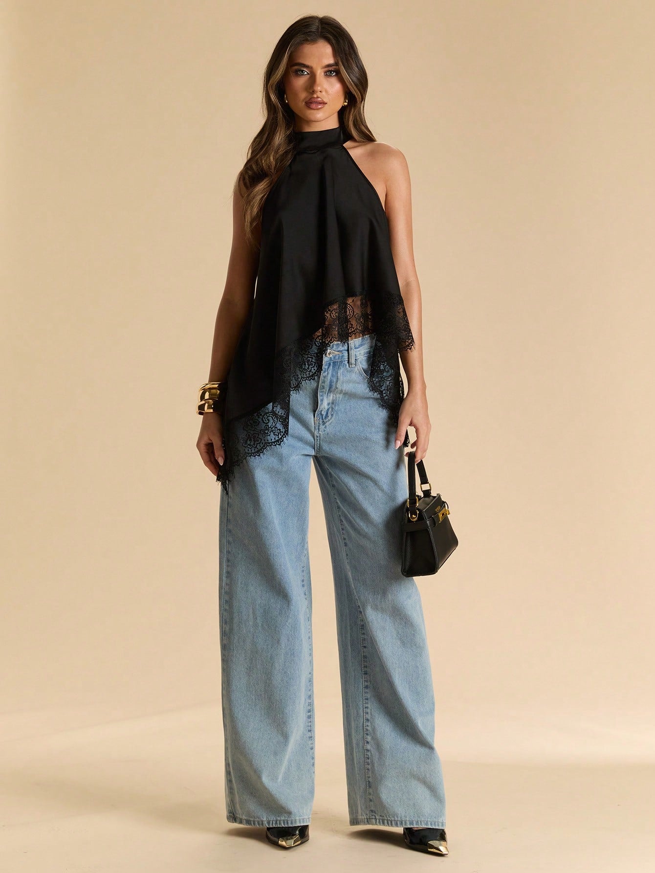 SHEIN BAE Black Sexy Elegant Lace Patchwork Halter Backless Satin Camisole Top, Suitable For Party Night Out, Cocktail, Formal Occasions,Summer Top