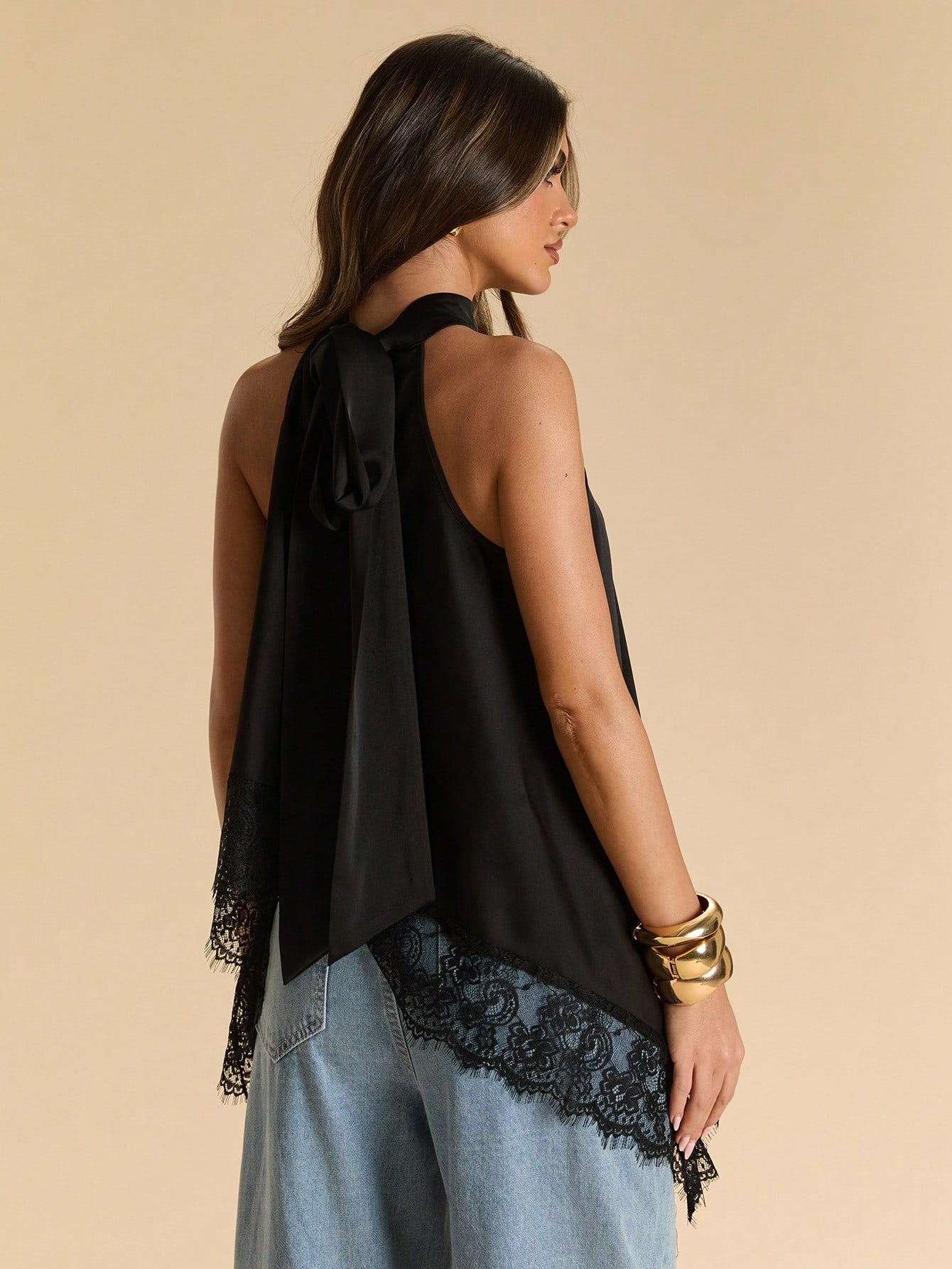 SHEIN BAE Black Sexy Elegant Lace Patchwork Halter Backless Satin Camisole Top, Suitable For Party Night Out, Cocktail, Formal Occasions,Summer Top