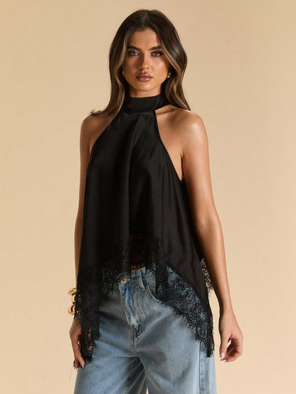 SHEIN BAE Black Sexy Elegant Lace Patchwork Halter Backless Satin Camisole Top, Suitable For Party Night Out, Cocktail, Formal Occasions,Summer Top