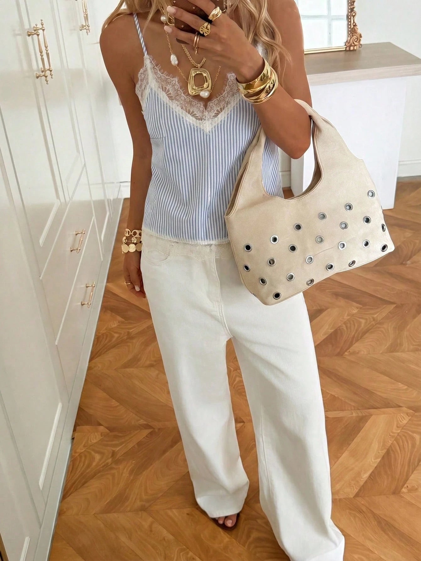 SHEIN EZwear Women's Elegant Coastal Blue And White Stripe Lace Patchwork Camisole,Summer Tea Party Vacation Top,Shirt Blouse For Daily Commute,Wedding,Y2K