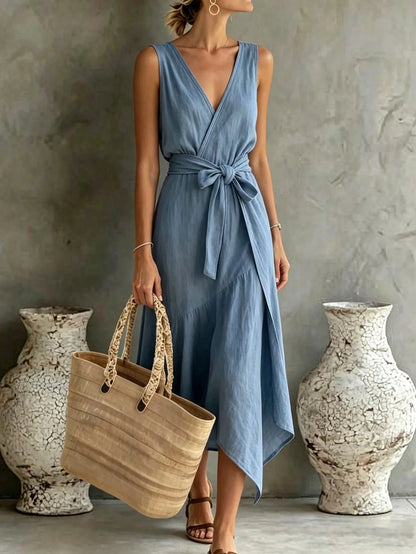 SHEIN Holidaya Elegant V-Neck Casual Waist Cinching Asymmetric Tie Strap Women's Dress, Women's Spring/Summer Dress, Vacation, Outing, Y2K, Spring, Summer, Back To School, Casual, Beach, Business, Ver