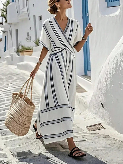 SHEIN Holidaya Women Black And White Striped V-Neck Chic Wrap Dress,Short-Sleeved Retro A-Line Midi Summer Dress For Casual,Holiday,Vacation And Office Elegant