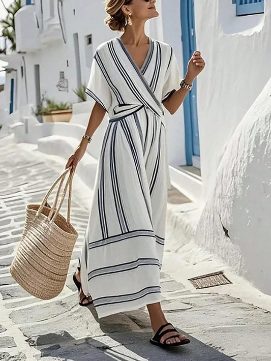 SHEIN Holidaya Women Black And White Striped V-Neck Chic Wrap Dress,Short-Sleeved Retro A-Line Midi Summer Dress For Casual,Holiday,Vacation And Office Elegant
