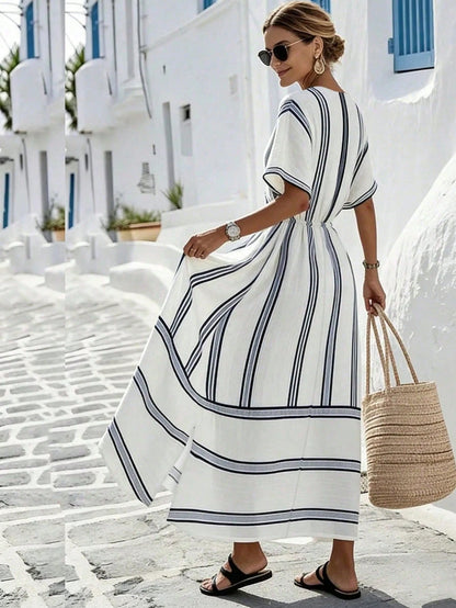 SHEIN Holidaya Women Black And White Striped V-Neck Chic Wrap Dress,Short-Sleeved Retro A-Line Midi Summer Dress For Casual,Holiday,Vacation And Office Elegant