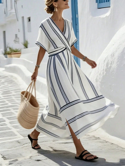 SHEIN Holidaya Women Black And White Striped V-Neck Chic Wrap Dress,Short-Sleeved Retro A-Line Midi Summer Dress For Casual,Holiday,Vacation And Office Elegant