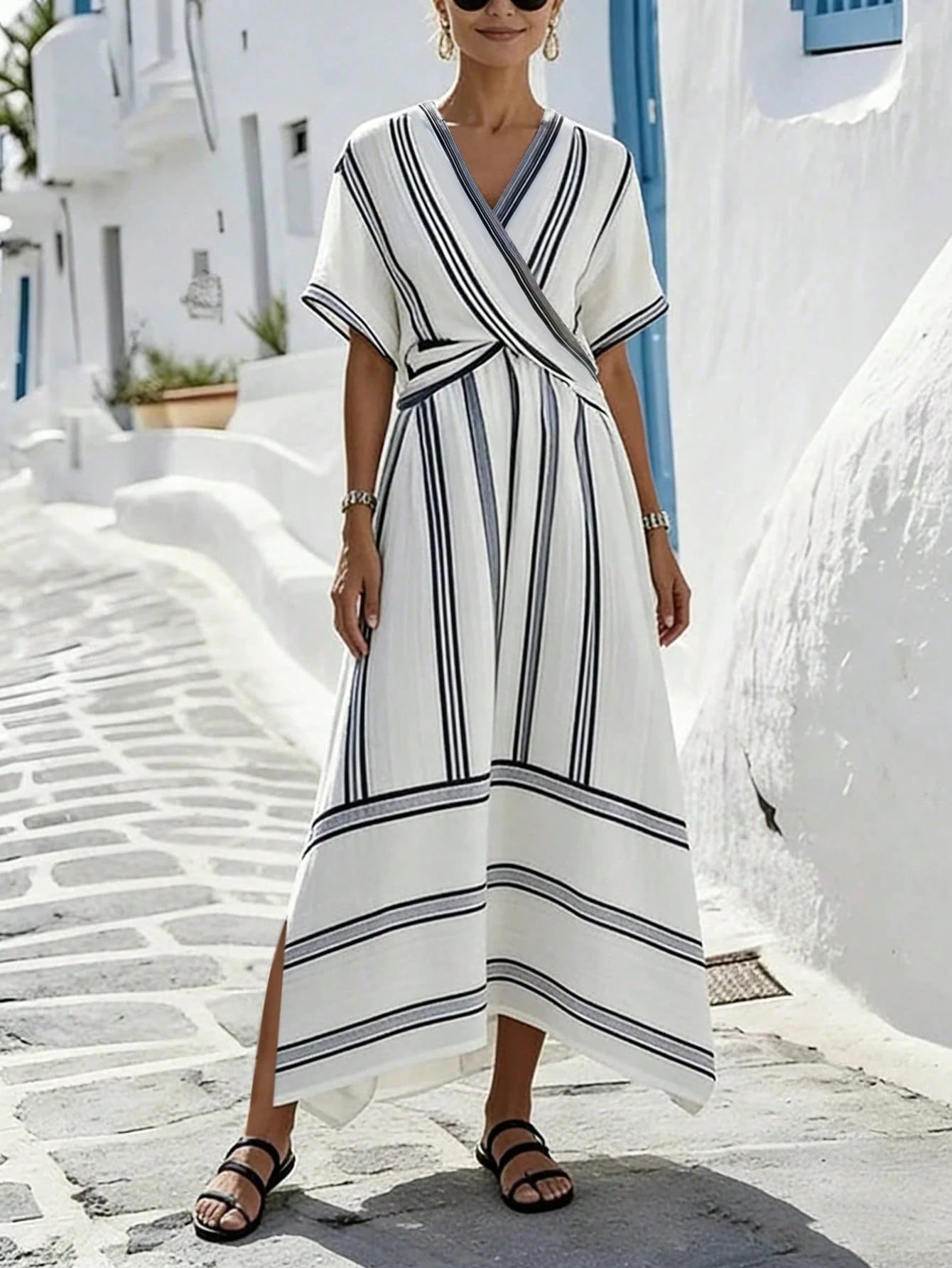 SHEIN Holidaya Women Black And White Striped V-Neck Chic Wrap Dress,Short-Sleeved Retro A-Line Midi Summer Dress For Casual,Holiday,Vacation And Office Elegant