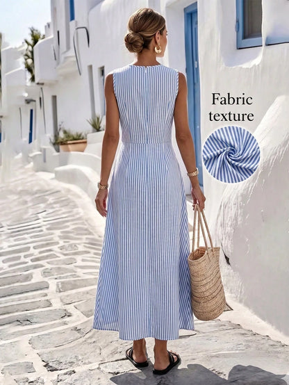 SHEIN PETITE Women's Summer Blue & White Striped Fabric Round Neck Cinched Waist Flared Sleeveless Maxi Dress, Elegant Sophisticated Birthday Gift, Date Party Carnival Travel Beach Vacation Street Pho