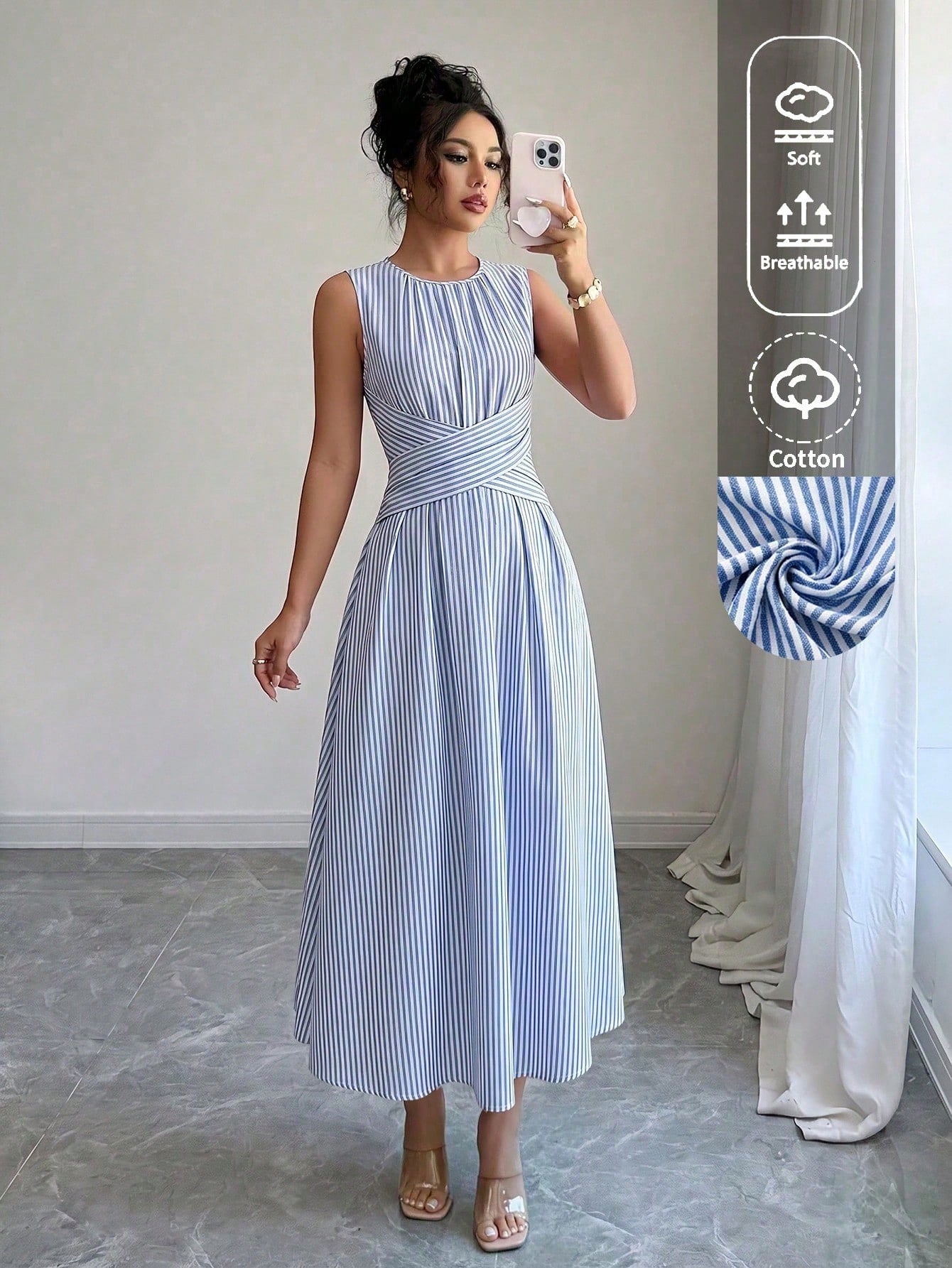 SHEIN PETITE Women's Summer Blue & White Striped Fabric Round Neck Cinched Waist Flared Sleeveless Maxi Dress, Elegant Sophisticated Birthday Gift, Date Party Carnival Travel Beach Vacation Street Pho