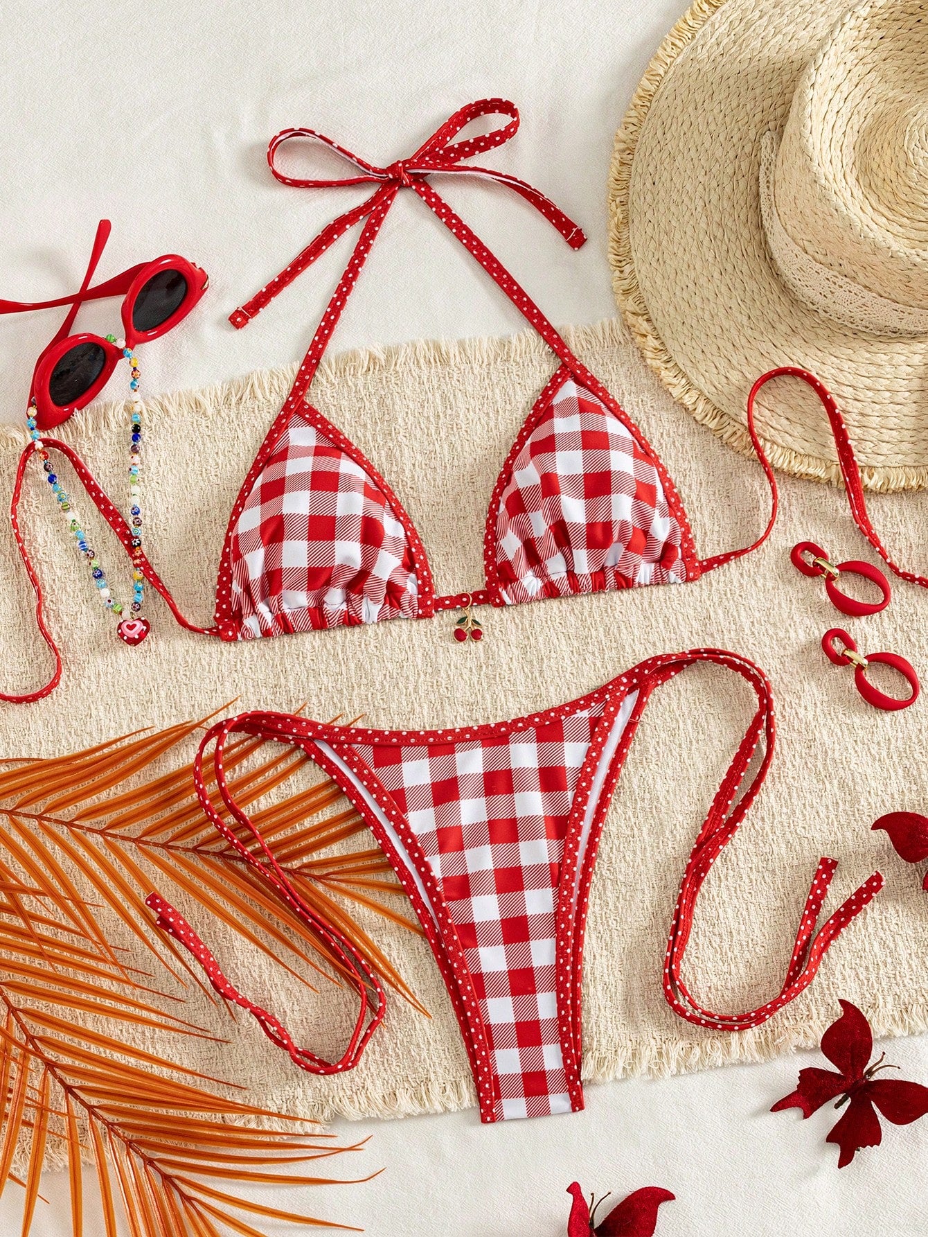 SHEINSwim Mod Women's White Cherry Print Red Trim Triangle Bikini Top With Cherry Charm Detail, Matching Bottom With Red Drawstring Tie, Sweet Fresh Vacation Style, Exquisite Detail, Girly Sweet Swims