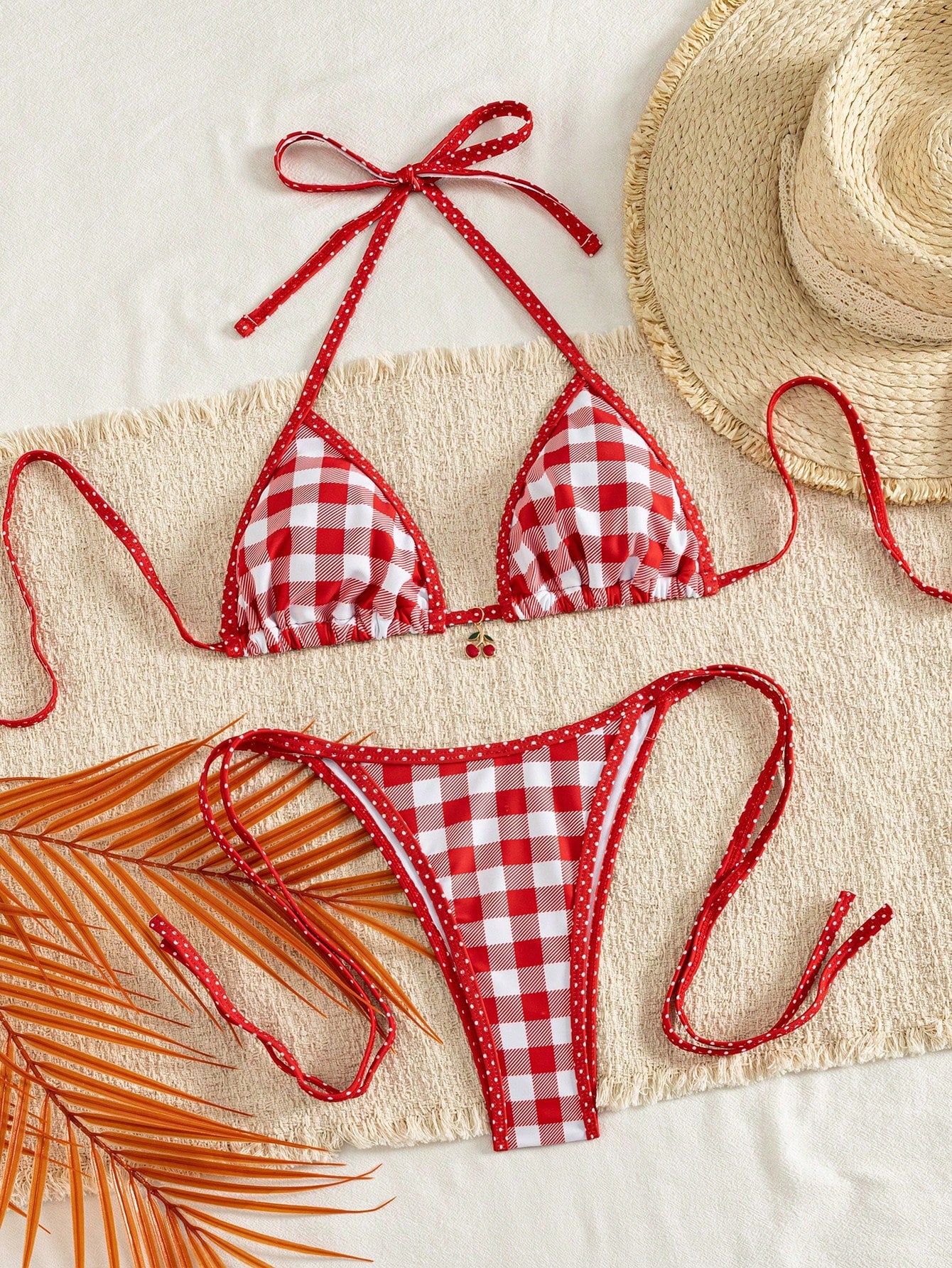 SHEINSwim Mod Women's White Cherry Print Red Trim Triangle Bikini Top With Cherry Charm Detail, Matching Bottom With Red Drawstring Tie, Sweet Fresh Vacation Style, Exquisite Detail, Girly Sweet Swims