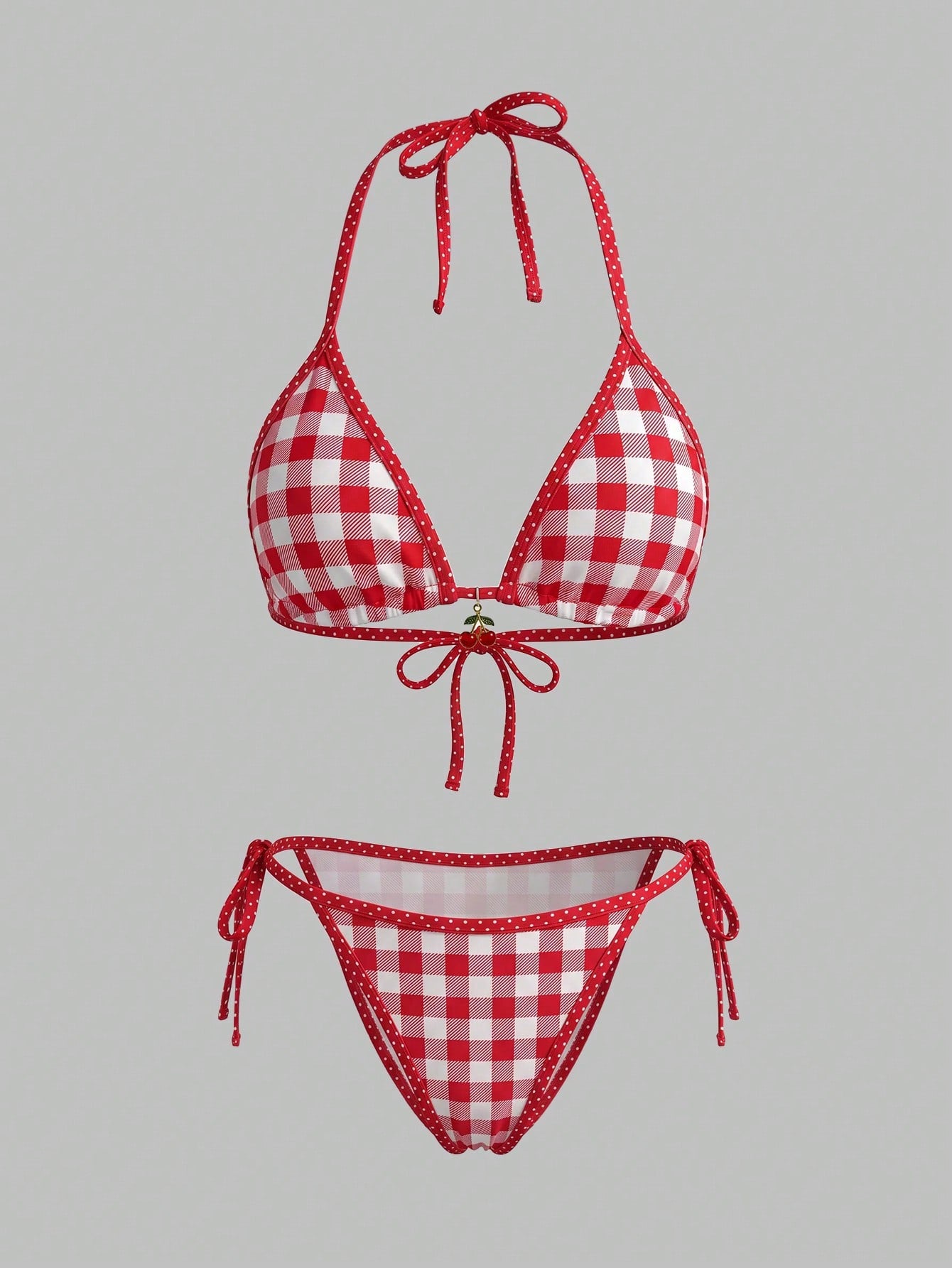 SHEINSwim Mod Women's White Cherry Print Red Trim Triangle Bikini Top With Cherry Charm Detail, Matching Bottom With Red Drawstring Tie, Sweet Fresh Vacation Style, Exquisite Detail, Girly Sweet Swims