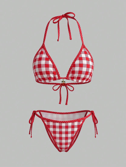 SHEINSwim Mod Women's White Cherry Print Red Trim Triangle Bikini Top With Cherry Charm Detail, Matching Bottom With Red Drawstring Tie, Sweet Fresh Vacation Style, Exquisite Detail, Girly Sweet Swims