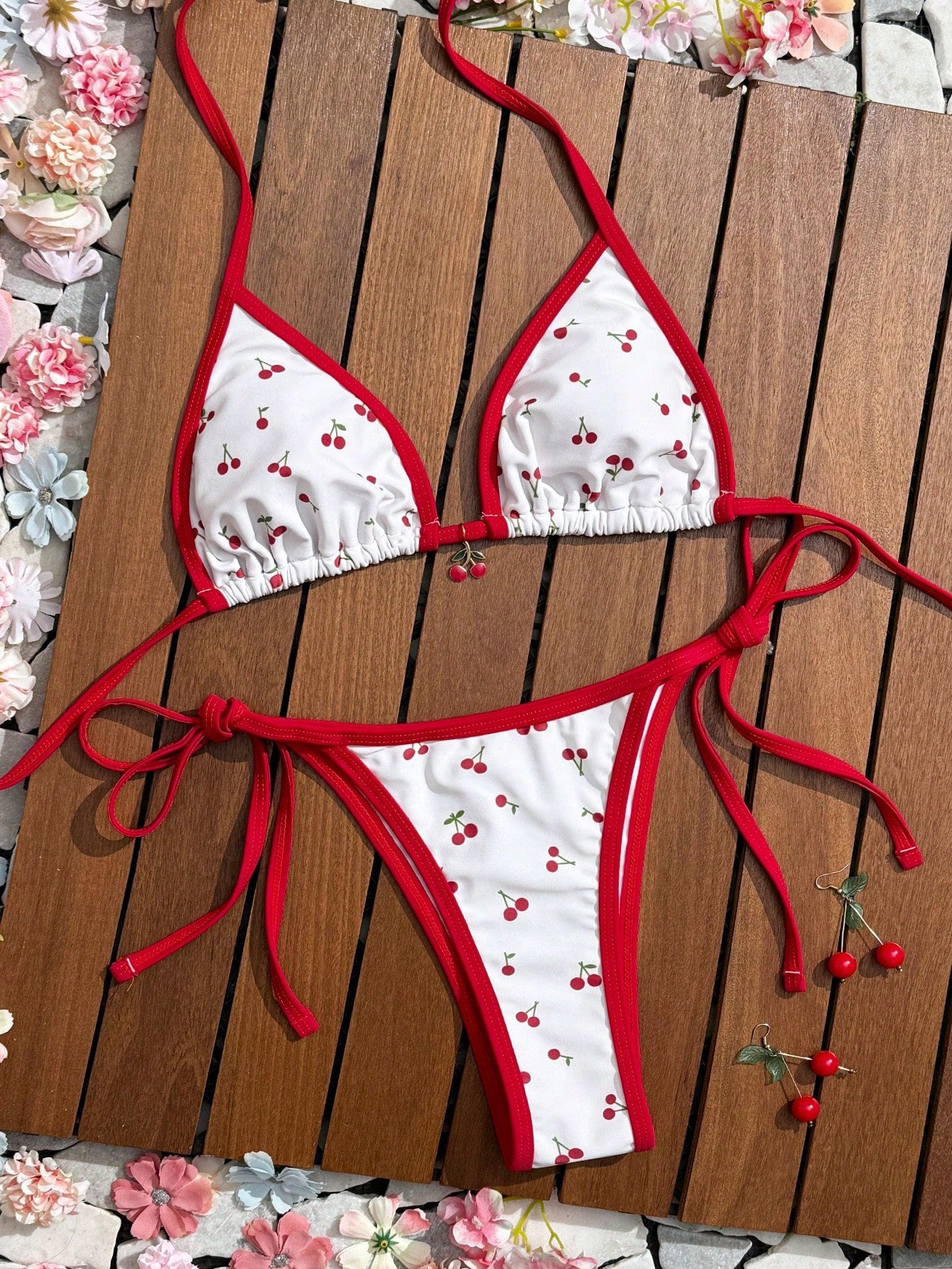 SHEINSwim Mod Women's White Cherry Print Red Trim Triangle Bikini Top With Cherry Charm Detail, Matching Bottom With Red Drawstring Tie, Sweet Fresh Vacation Style, Exquisite Detail, Girly Sweet Swims
