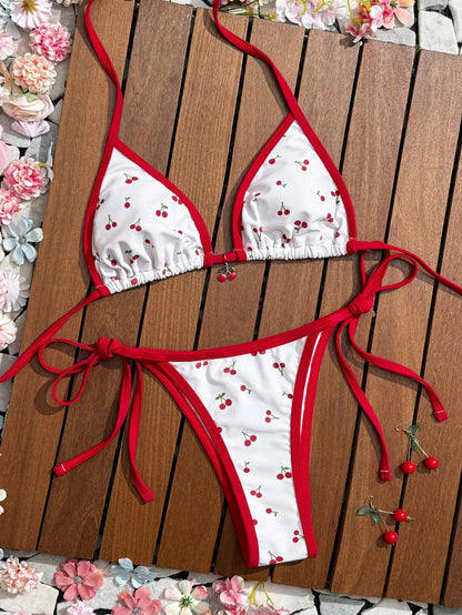 SHEINSwim Mod Women's White Cherry Print Red Trim Triangle Bikini Top With Cherry Charm Detail, Matching Bottom With Red Drawstring Tie, Sweet Fresh Vacation Style, Exquisite Detail, Girly Sweet Swims