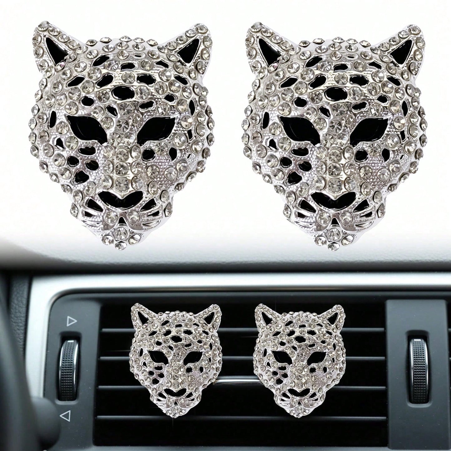 Shiny Leopard Print Air Vent Clip, Rhinestone Car Air Vent Clip, Leopard Print Car Accessories, Women's Diamond Shiny Accessories (Silver And Gold), Metal Leopard Print Car Air Vent Clip, Car Air Vent
